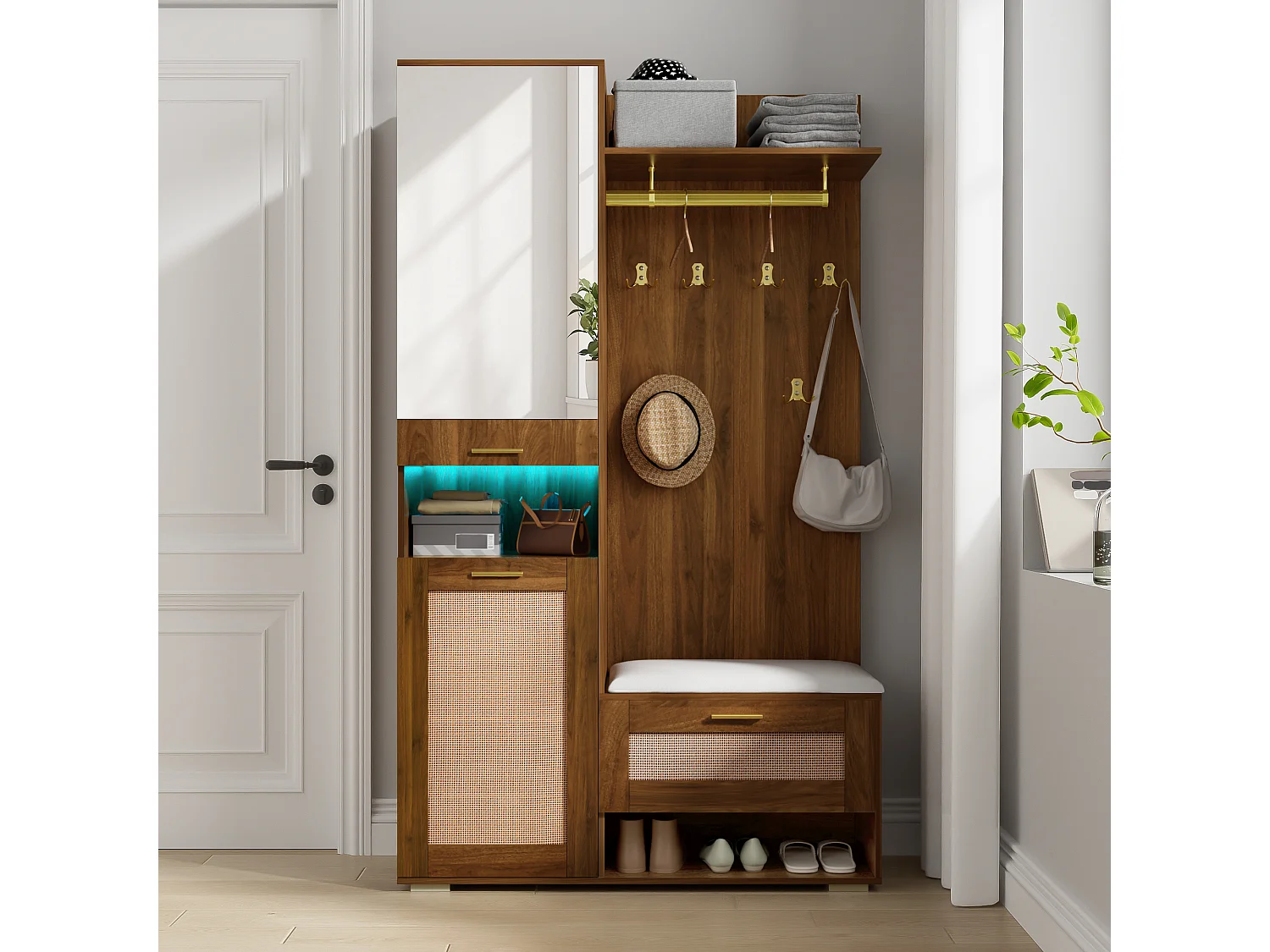 Vestiaire avec miroir + 6 patères + meuble à chaussures + porte-manteau mural + banc et Leds - 110 x 38 x 190 cm - MDF + aggloméré - marron