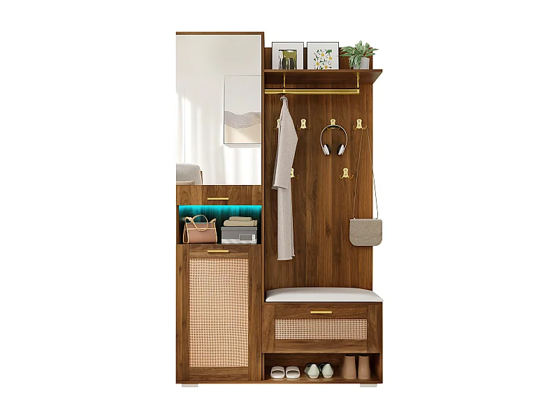 Vestiaire avec miroir + 6 patères + meuble à chaussures + porte-manteau mural + banc et Leds - 110 x 38 x 190 cm - MDF + aggloméré - marron