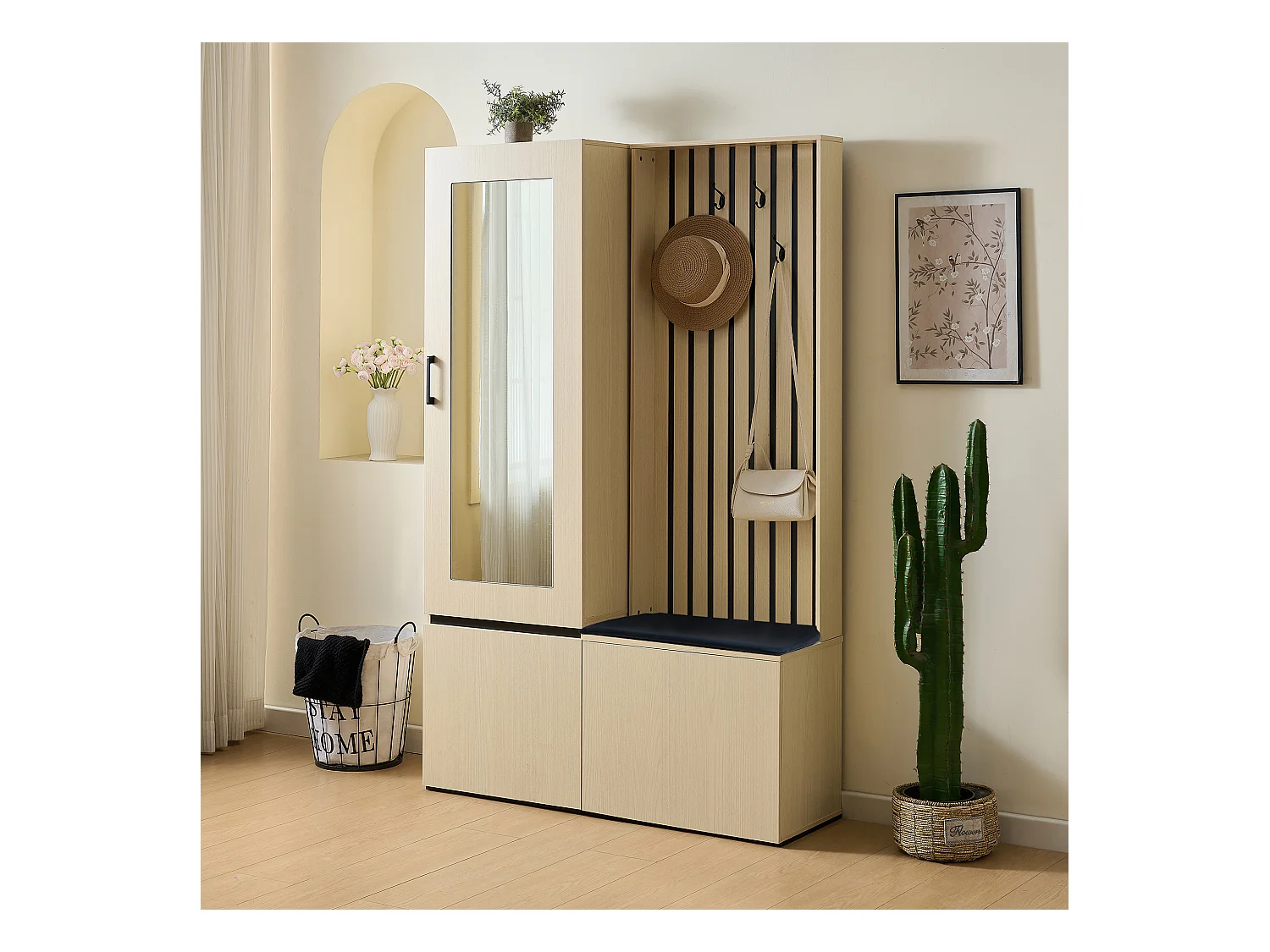 Vestiaire moderne avec miroir et banc - 113.5 x 35 x 179.5 cm - avec tringle à vêtements extensible + 3 poortes - MDF - naturel
