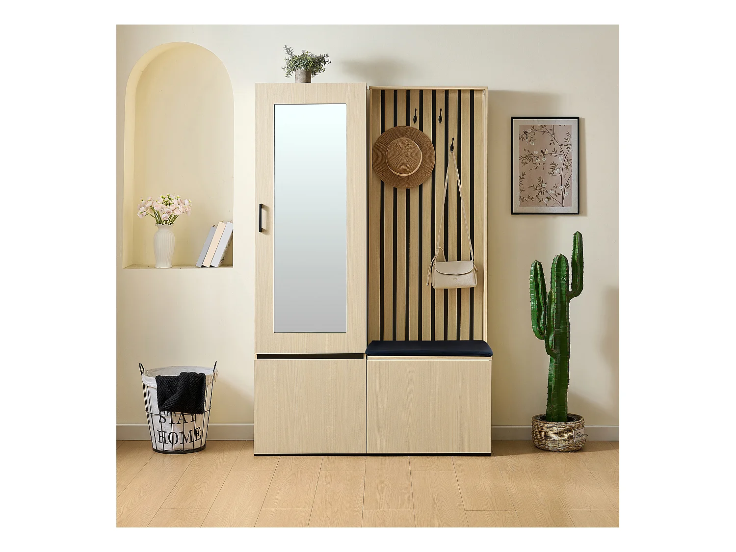 Vestiaire moderne avec miroir et banc - 113.5 x 35 x 179.5 cm - avec tringle à vêtements extensible + 3 poortes - MDF - naturel