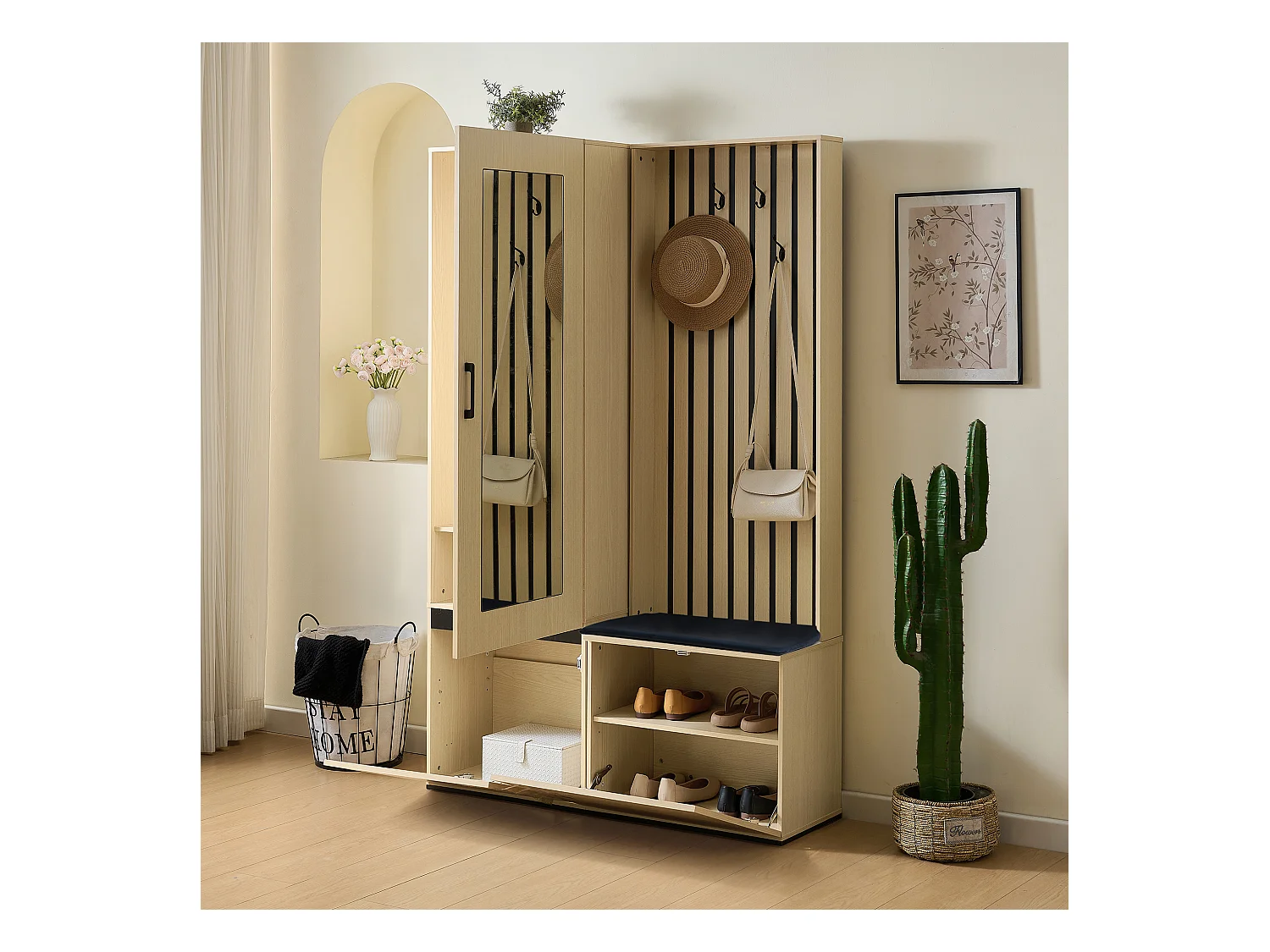 Vestiaire moderne avec miroir et banc - 113.5 x 35 x 179.5 cm - avec tringle à vêtements extensible + 3 poortes - MDF - naturel