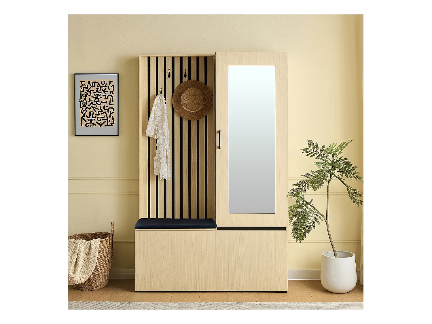 Vestiaire moderne avec miroir et banc - 113.5 x 35 x 179.5 cm - avec tringle à vêtements extensible + 3 poortes - MDF - naturel