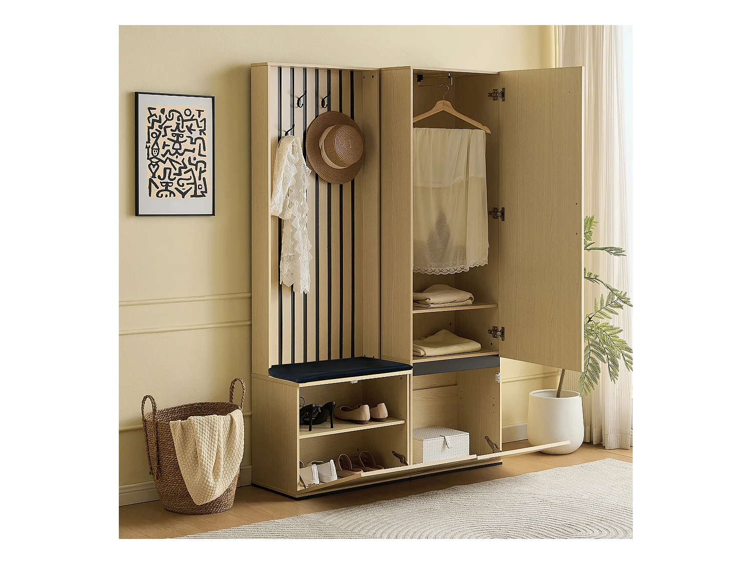 Vestiaire moderne avec miroir et banc - 113.5 x 35 x 179.5 cm - avec tringle à vêtements extensible + 3 poortes - MDF - naturel