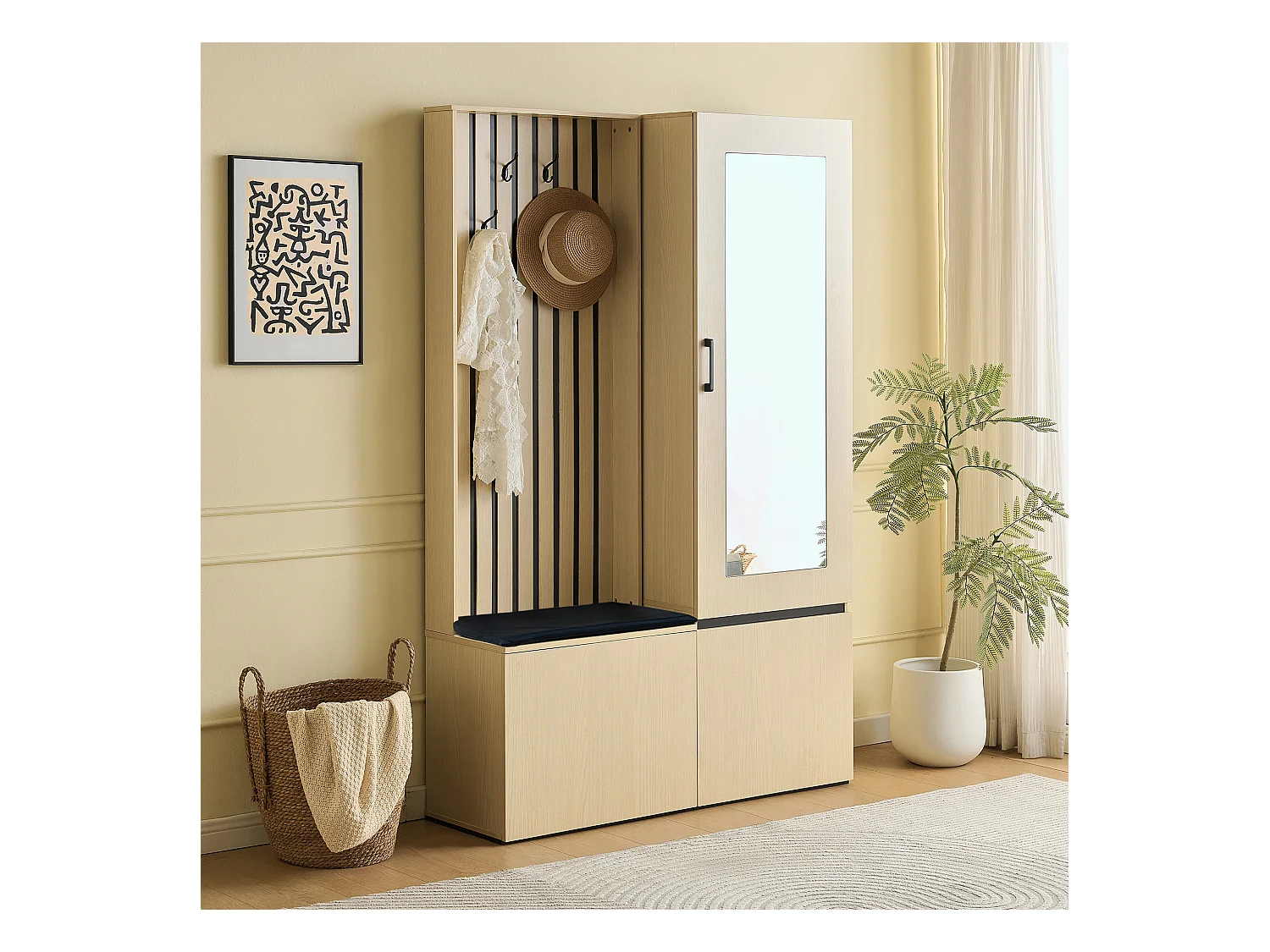Vestiaire moderne avec miroir et banc - 113.5 x 35 x 179.5 cm - avec tringle à vêtements extensible + 3 poortes - MDF - naturel