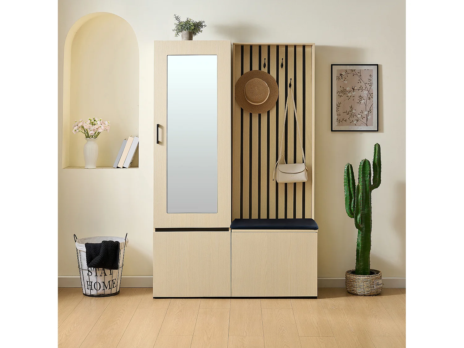 Vestiaire moderne avec miroir et banc - 113.5 x 35 x 179.5 cm - avec tringle à vêtements extensible + 3 poortes - MDF - naturel