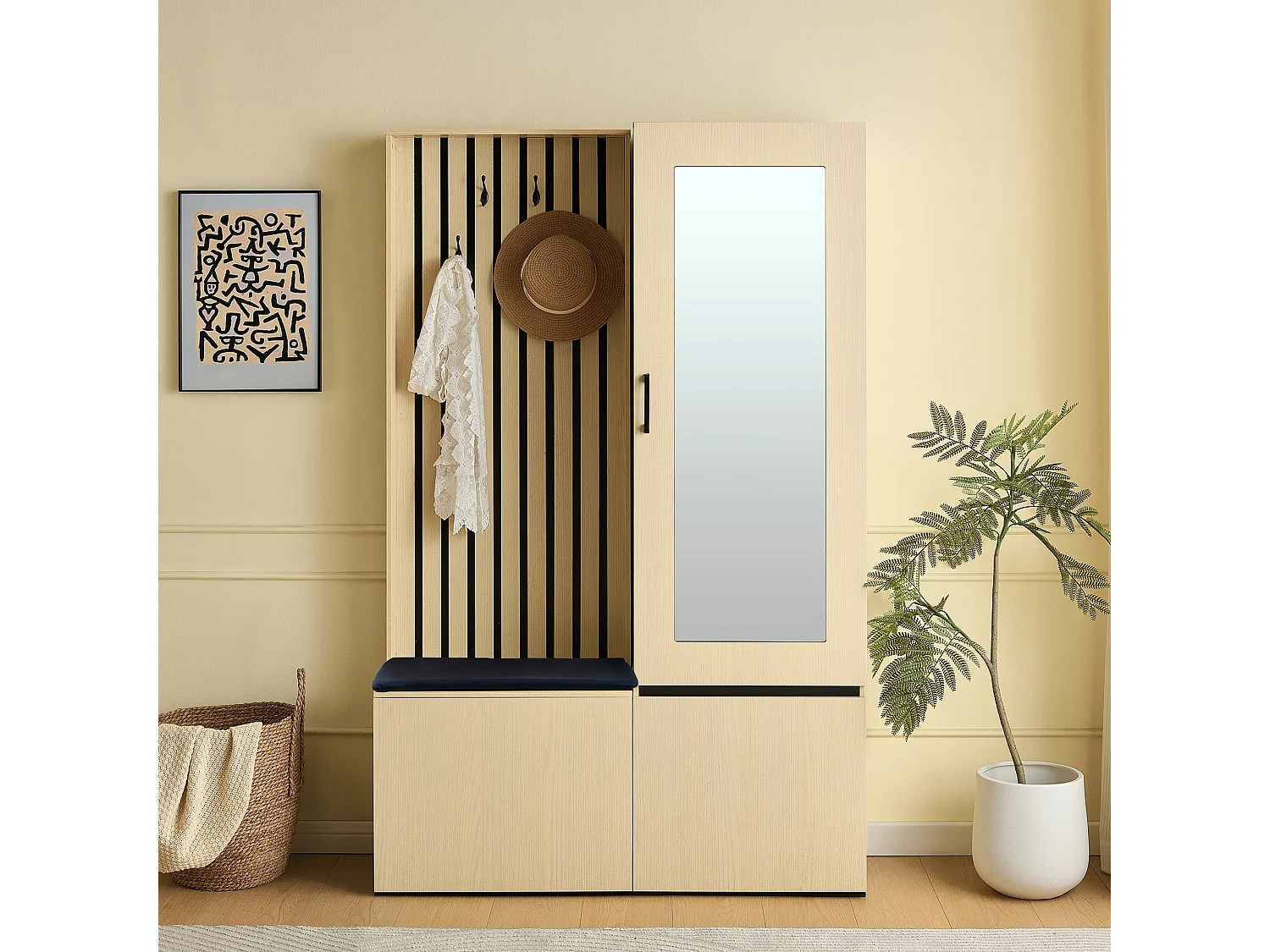 Vestiaire moderne avec miroir et banc - 113.5 x 35 x 179.5 cm - avec tringle à vêtements extensible + 3 poortes - MDF - naturel