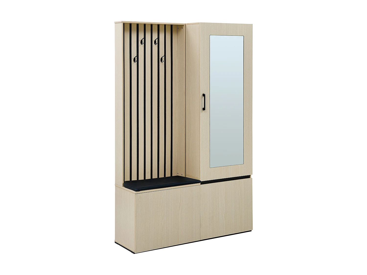 Vestiaire moderne avec miroir et banc - 113.5 x 35 x 179.5 cm - avec tringle à vêtements extensible + 3 poortes - MDF - naturel