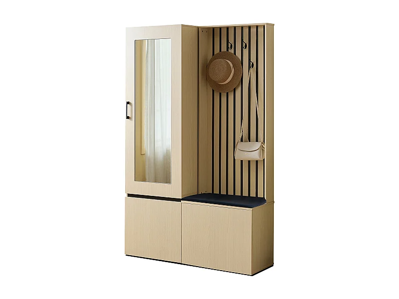Vestiaire moderne avec miroir et banc - 113.5 x 35 x 179.5 cm - avec tringle à vêtements extensible + 3 poortes - MDF - naturel
