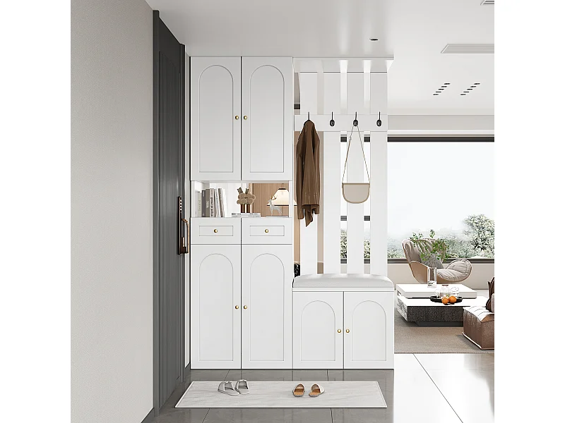 Ensemble de garde-robe - avec banc à chaussures et meuble à chaussures + 4 crochets + 6 portes + 2 tiroirs - aggloméré - blanc