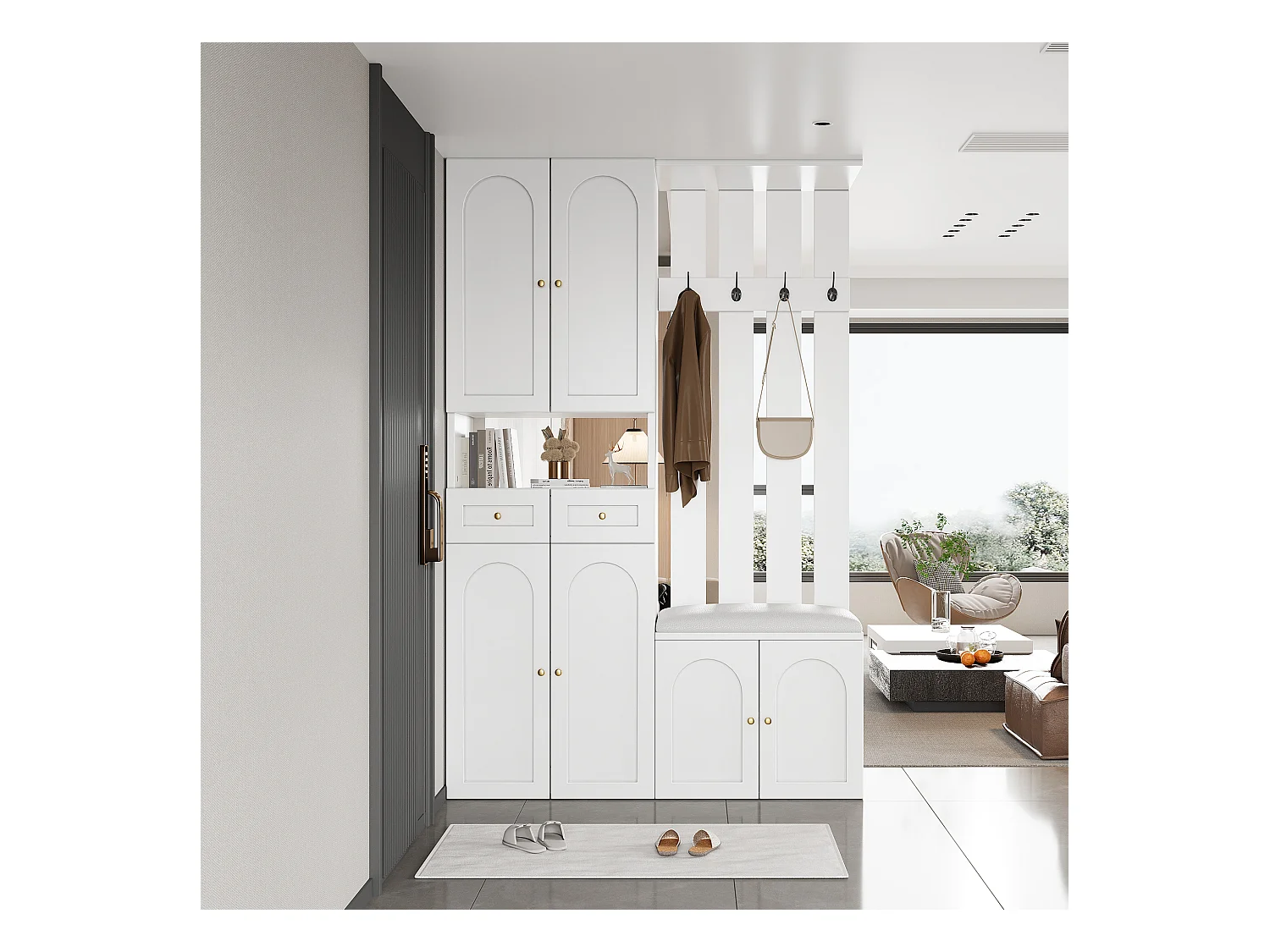 Ensemble de garde-robe - avec banc à chaussures et meuble à chaussures + 4 crochets + 6 portes + 2 tiroirs - aggloméré - blanc