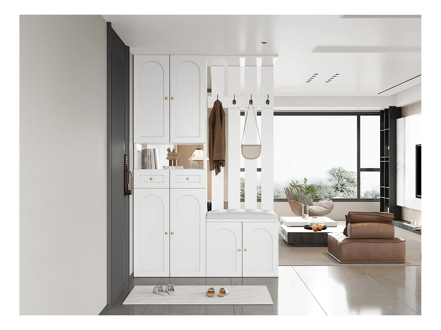 Ensemble de garde-robe - avec banc à chaussures et meuble à chaussures + 4 crochets + 6 portes + 2 tiroirs - aggloméré - blanc