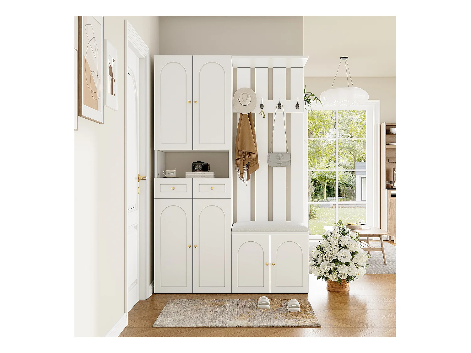 Ensemble de garde-robe - avec banc à chaussures et meuble à chaussures + 4 crochets + 6 portes + 2 tiroirs - aggloméré - blanc