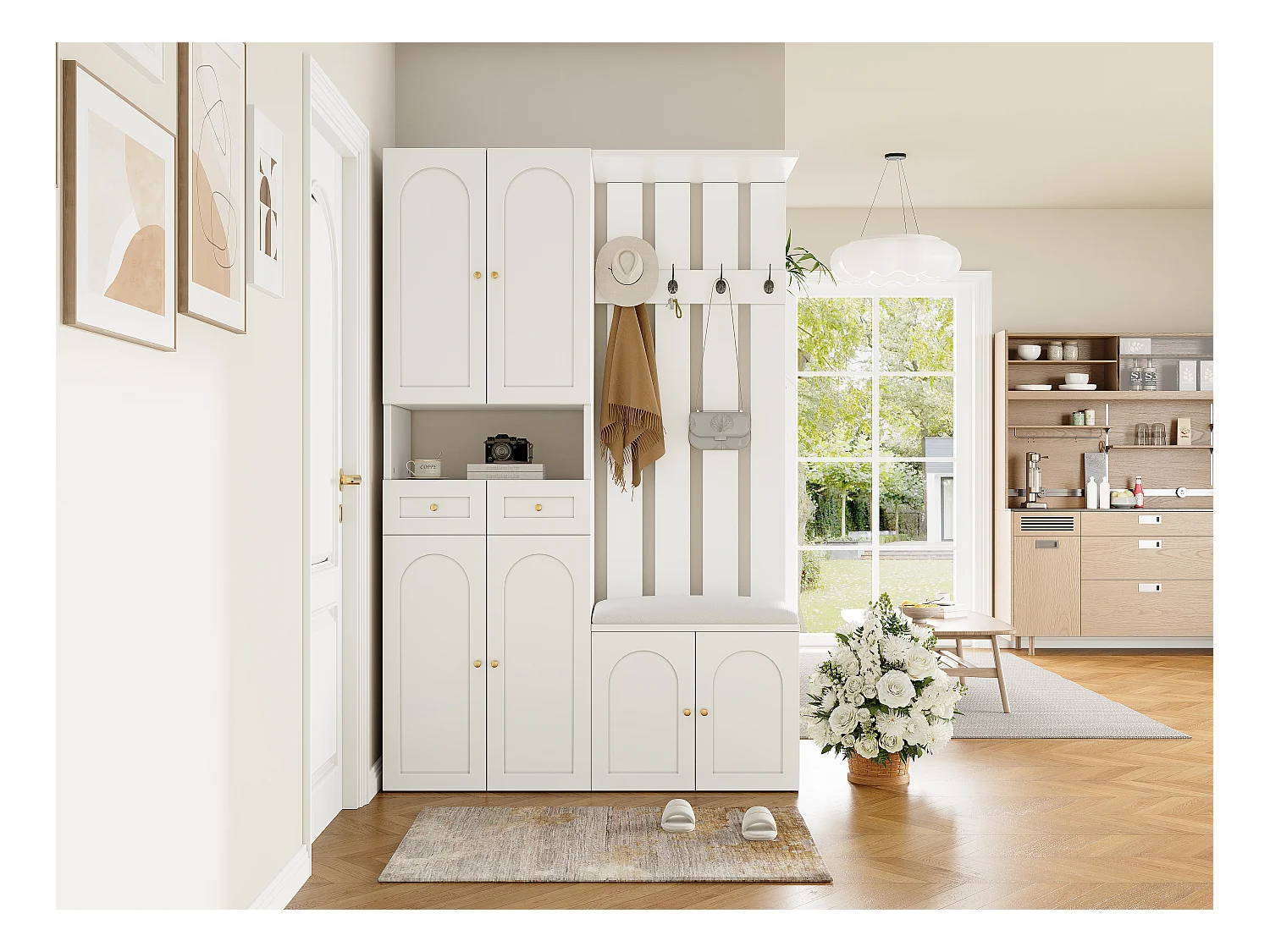 Ensemble de garde-robe - avec banc à chaussures et meuble à chaussures + 4 crochets + 6 portes + 2 tiroirs - aggloméré - blanc