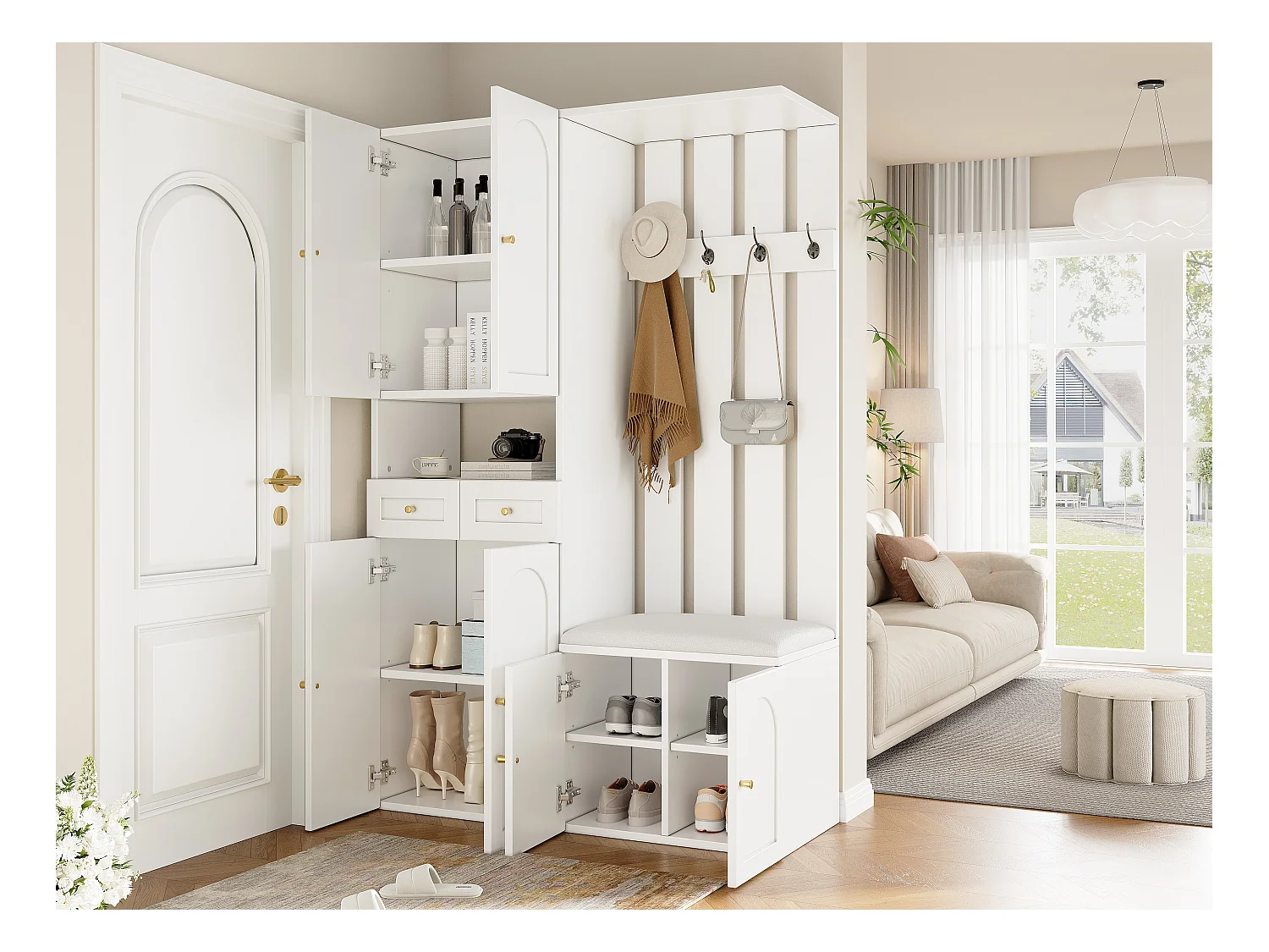 Ensemble de garde-robe - avec banc à chaussures et meuble à chaussures + 4 crochets + 6 portes + 2 tiroirs - aggloméré - blanc