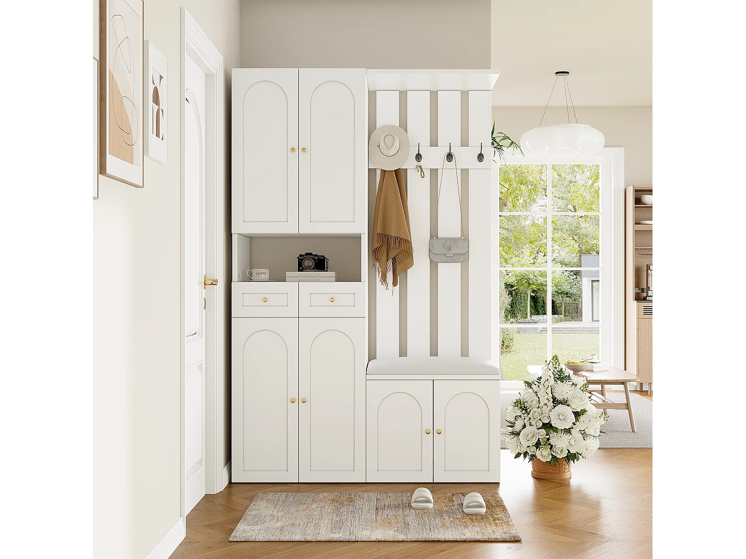 Ensemble de garde-robe - avec banc à chaussures et meuble à chaussures + 4 crochets + 6 portes + 2 tiroirs - aggloméré - blanc