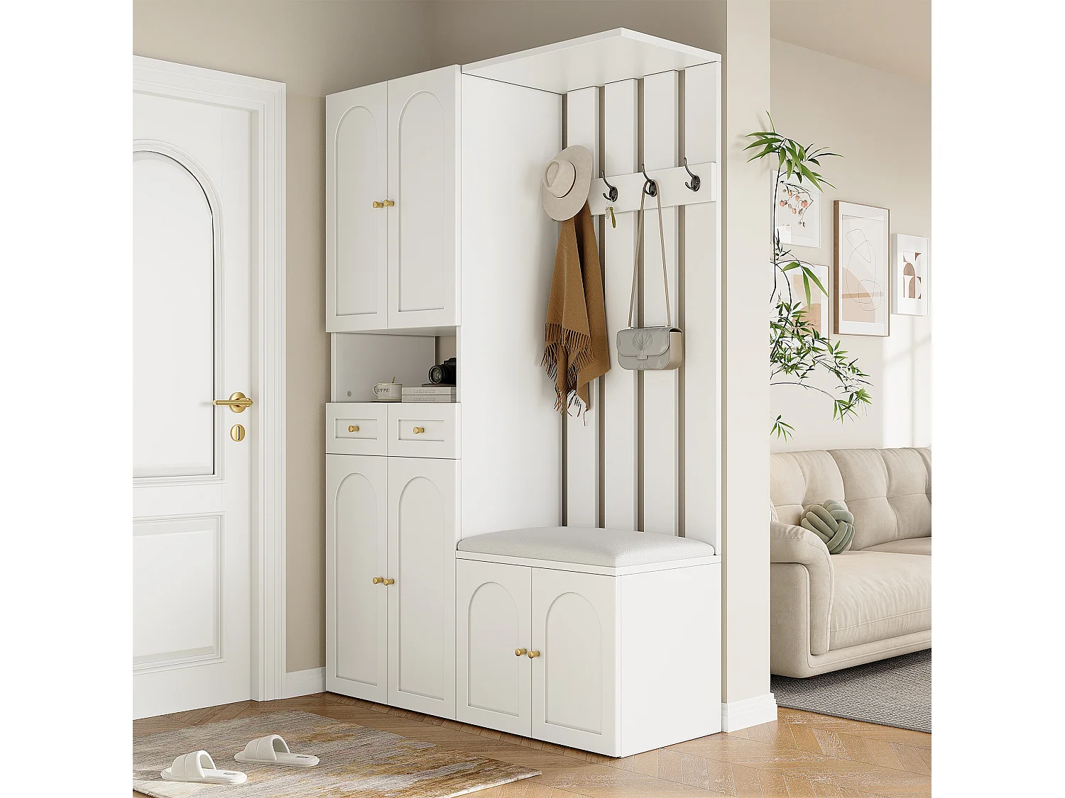 Ensemble de garde-robe - avec banc à chaussures et meuble à chaussures + 4 crochets + 6 portes + 2 tiroirs - aggloméré - blanc