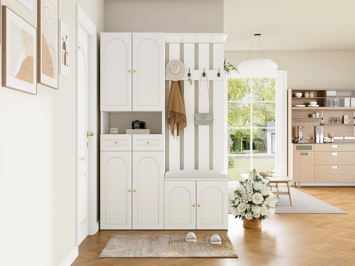 Ensemble de garde-robe - avec banc à chaussures et meuble à chaussures + 4 crochets + 6 portes + 2 tiroirs - aggloméré - blanc