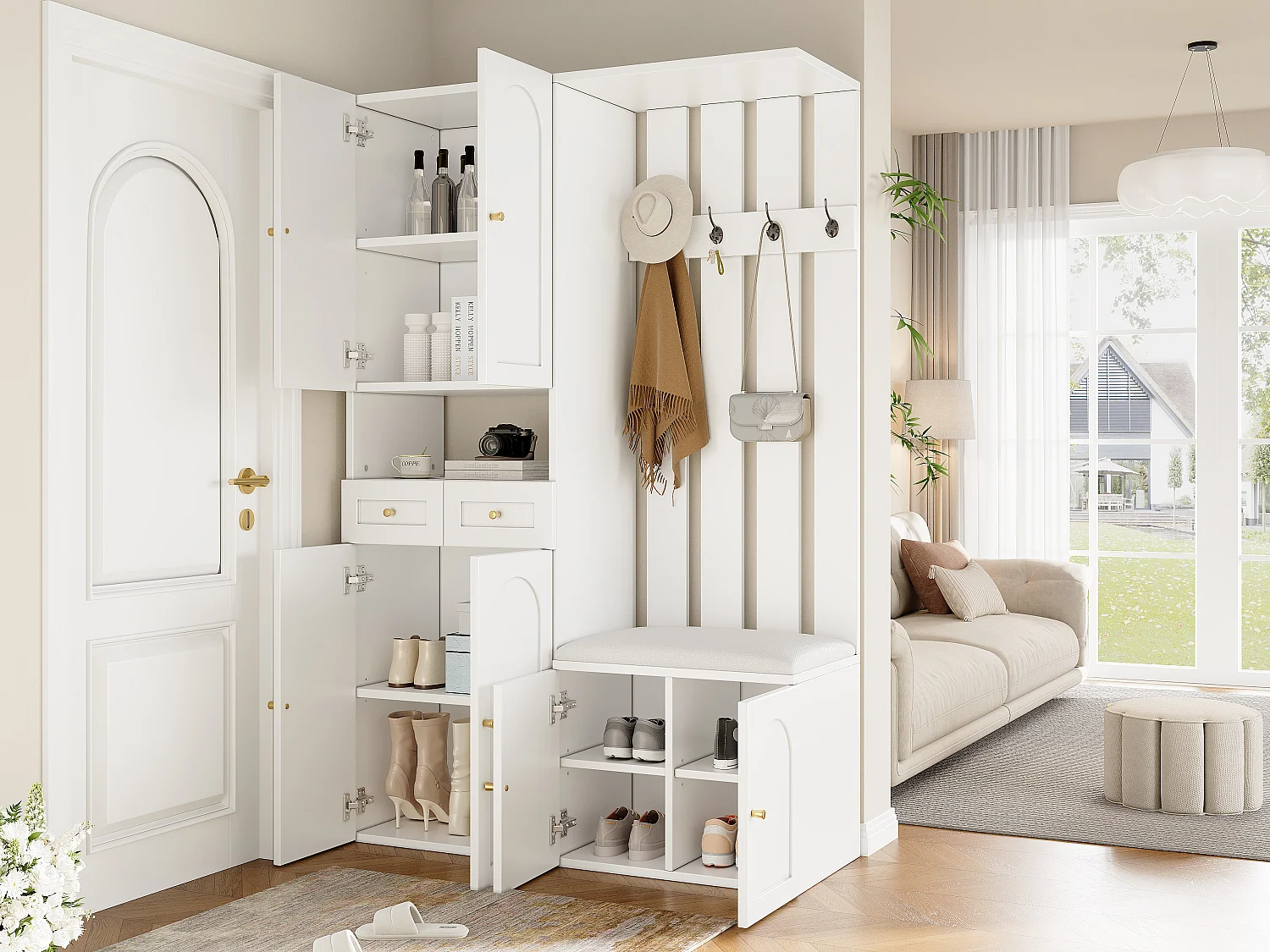 Ensemble de garde-robe - avec banc à chaussures et meuble à chaussures + 4 crochets + 6 portes + 2 tiroirs - aggloméré - blanc