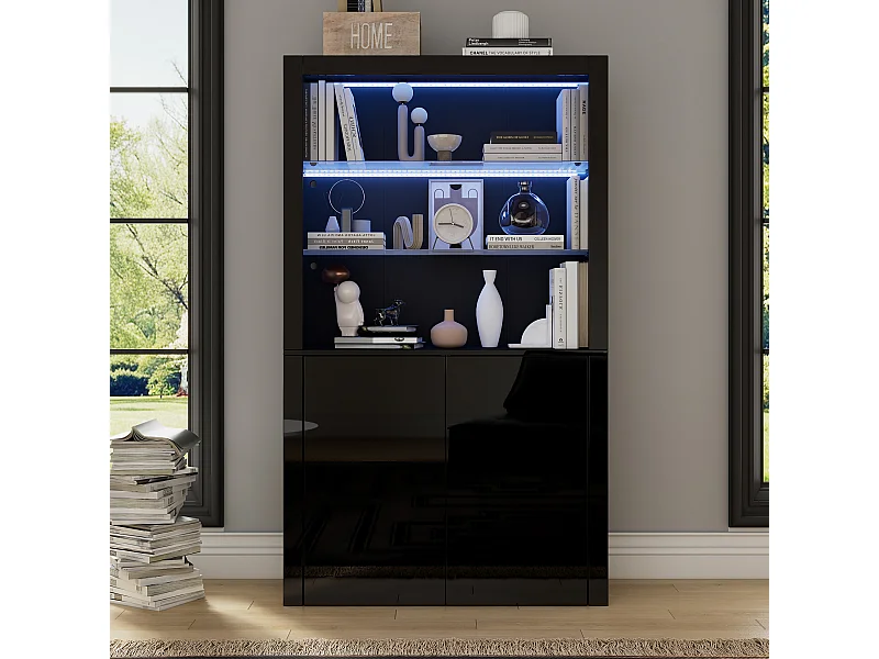 Vitrine brillant avec Leds - 100 x 35 x 170 cm - avec 2 étagères en verre +  2 portes - buffet haut - MDF + verre - noir