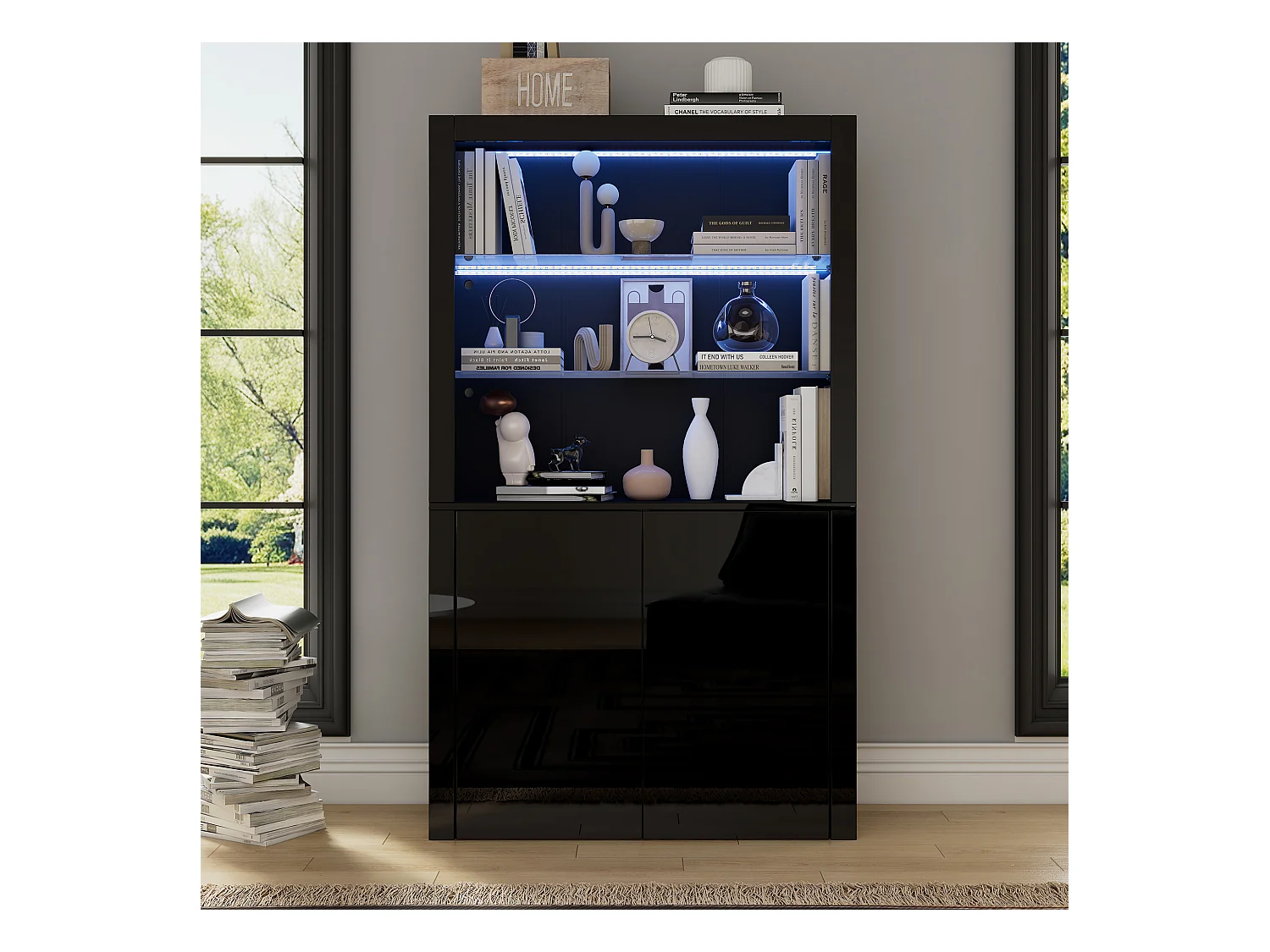 Vitrine brillant avec Leds - 100 x 35 x 170 cm - avec 2 étagères en verre +  2 portes - buffet haut - MDF + verre - noir