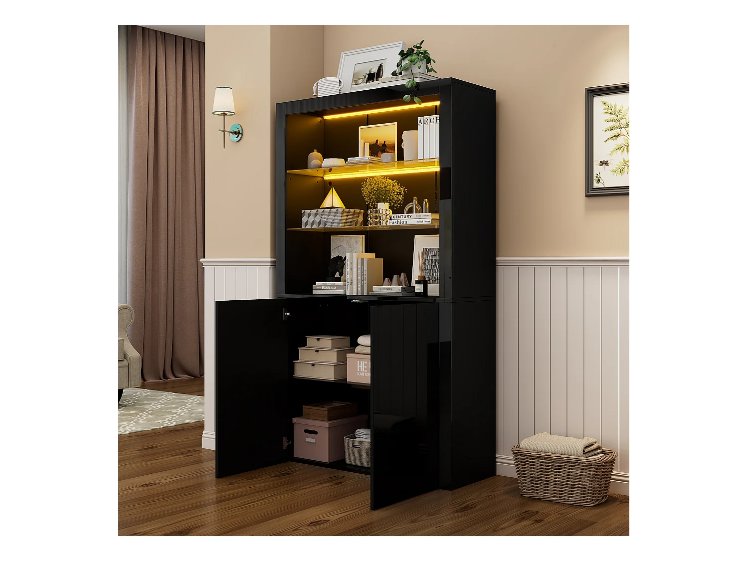 Vitrine brillant avec Leds - 100 x 35 x 170 cm - avec 2 étagères en verre +  2 portes - buffet haut - MDF + verre - noir