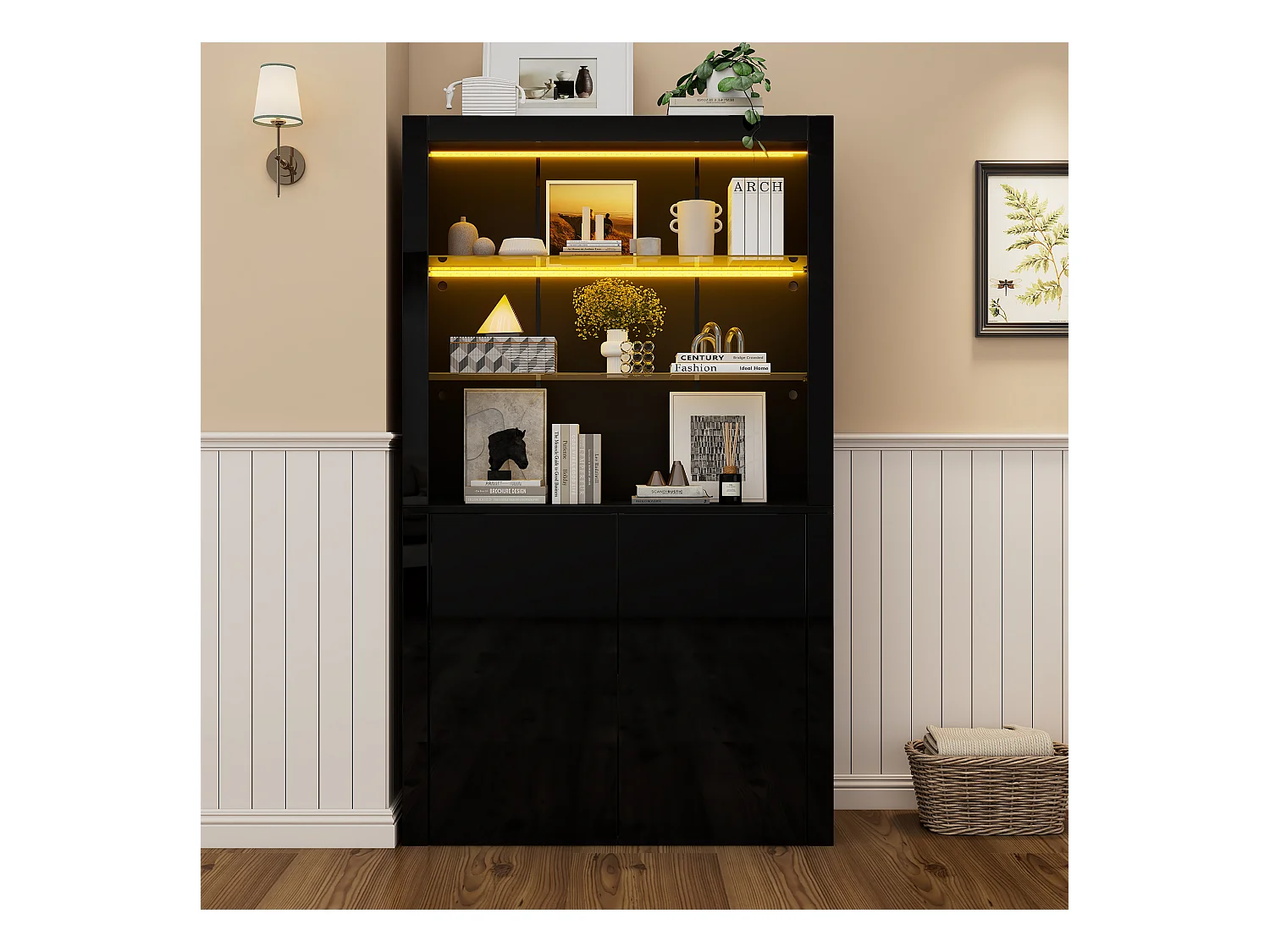 Vitrine brillant avec Leds - 100 x 35 x 170 cm - avec 2 étagères en verre +  2 portes - buffet haut - MDF + verre - noir