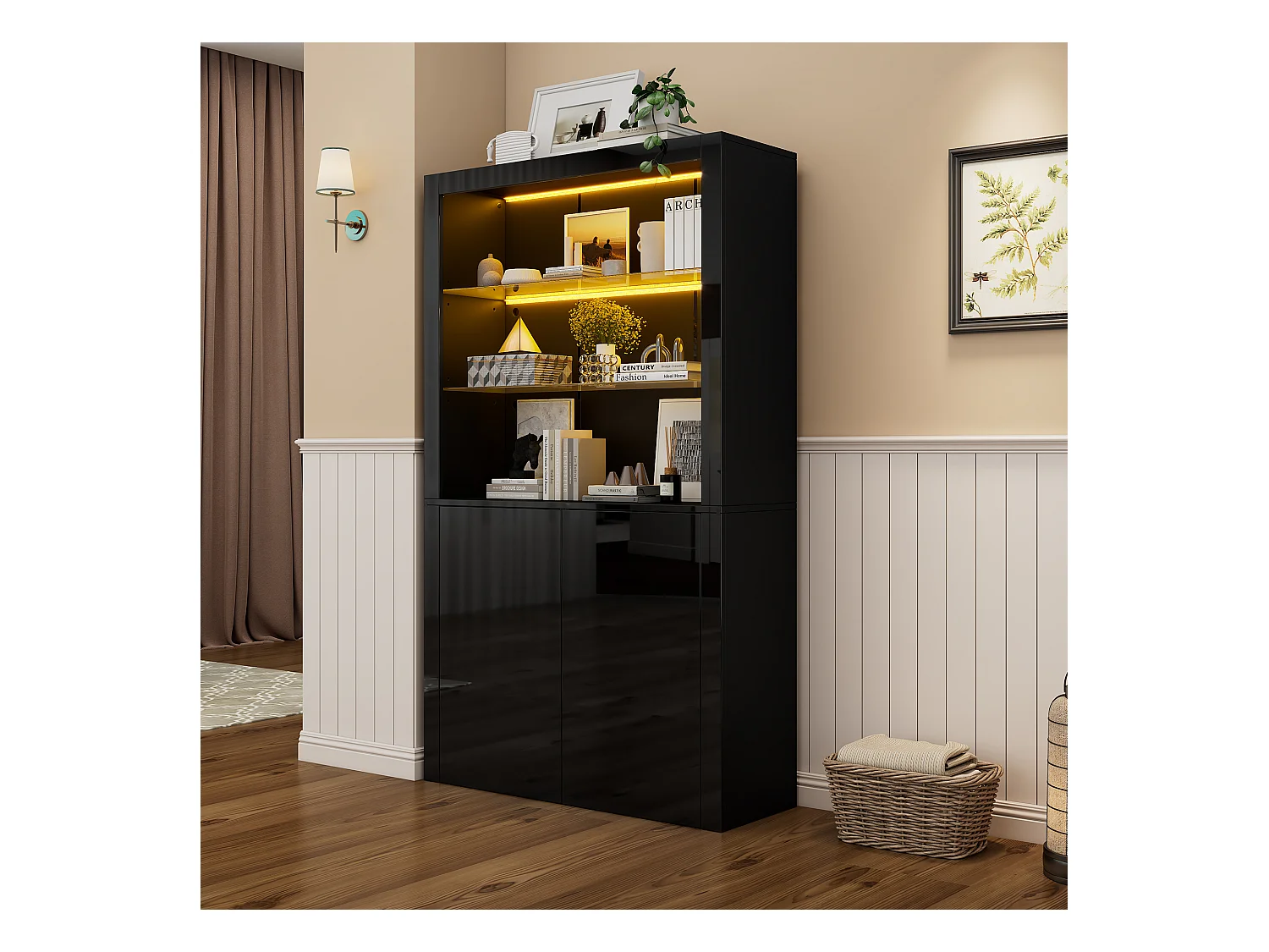 Vitrine brillant avec Leds - 100 x 35 x 170 cm - avec 2 étagères en verre +  2 portes - buffet haut - MDF + verre - noir