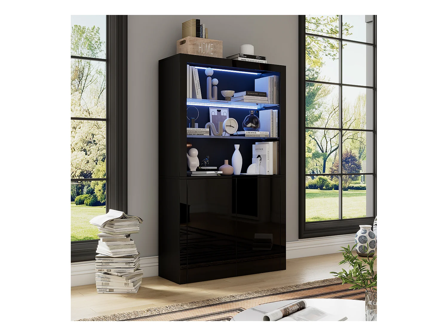Vitrine brillant avec Leds - 100 x 35 x 170 cm - avec 2 étagères en verre +  2 portes - buffet haut - MDF + verre - noir