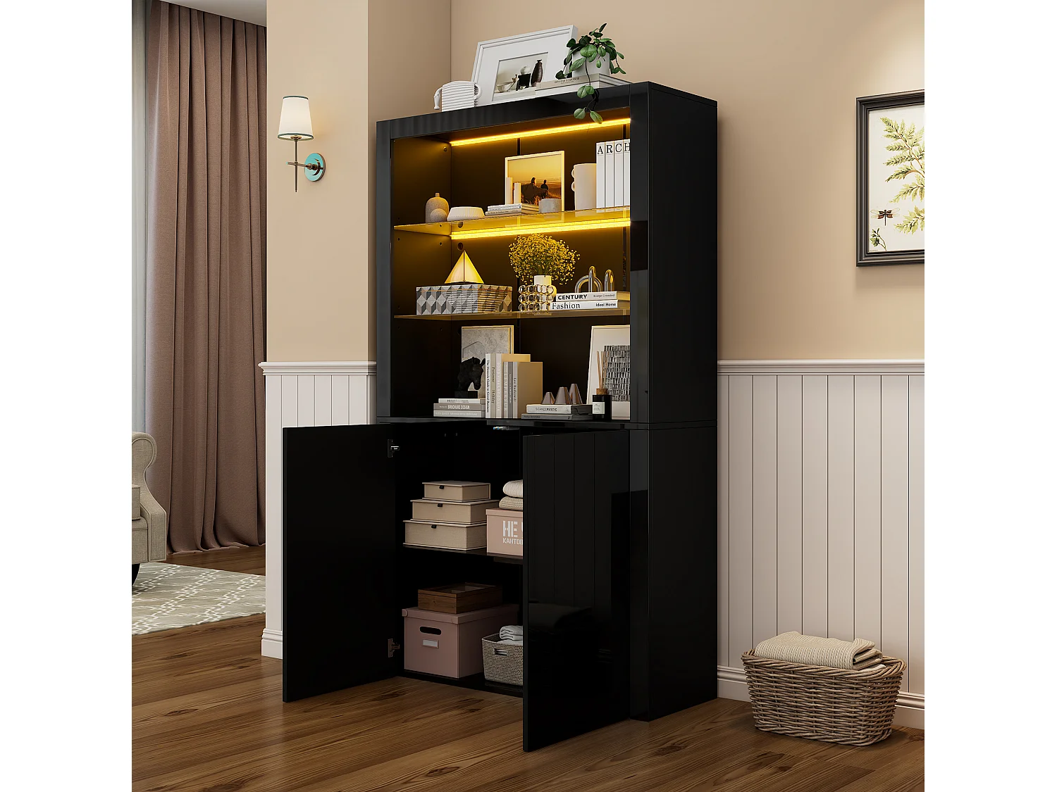 Vitrine brillant avec Leds - 100 x 35 x 170 cm - avec 2 étagères en verre +  2 portes - buffet haut - MDF + verre - noir