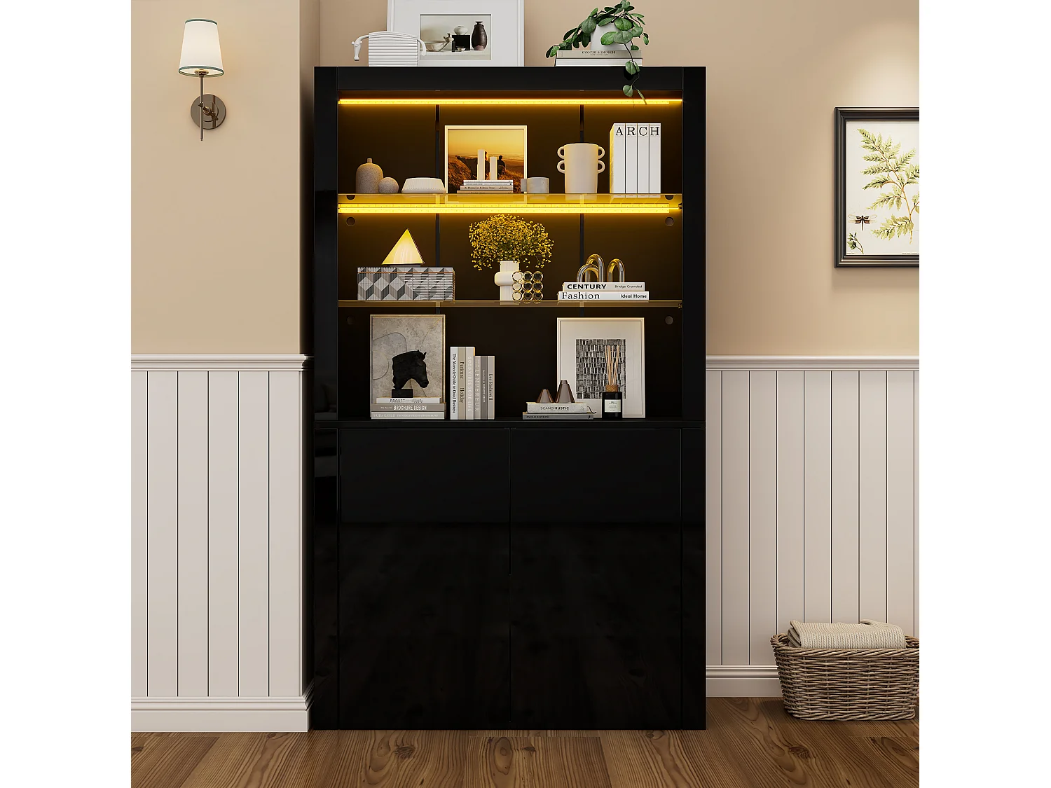 Vitrine brillant avec Leds - 100 x 35 x 170 cm - avec 2 étagères en verre +  2 portes - buffet haut - MDF + verre - noir