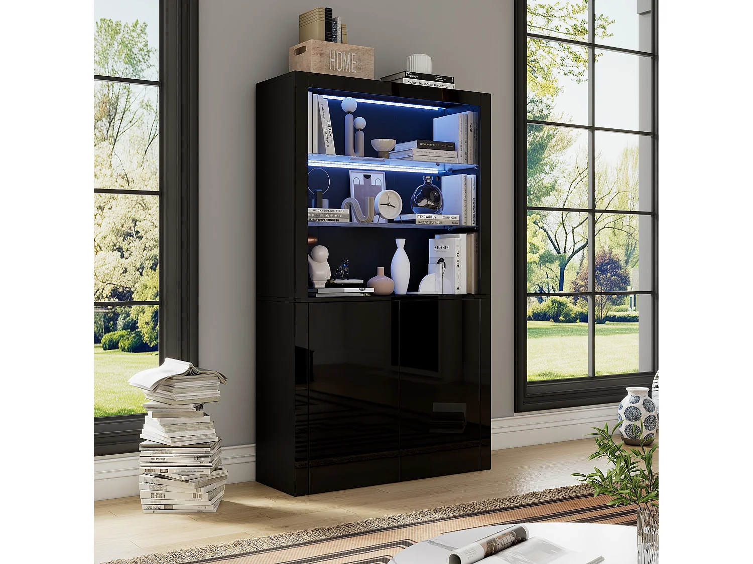 Vitrine brillant avec Leds - 100 x 35 x 170 cm - avec 2 étagères en verre +  2 portes - buffet haut - MDF + verre - noir