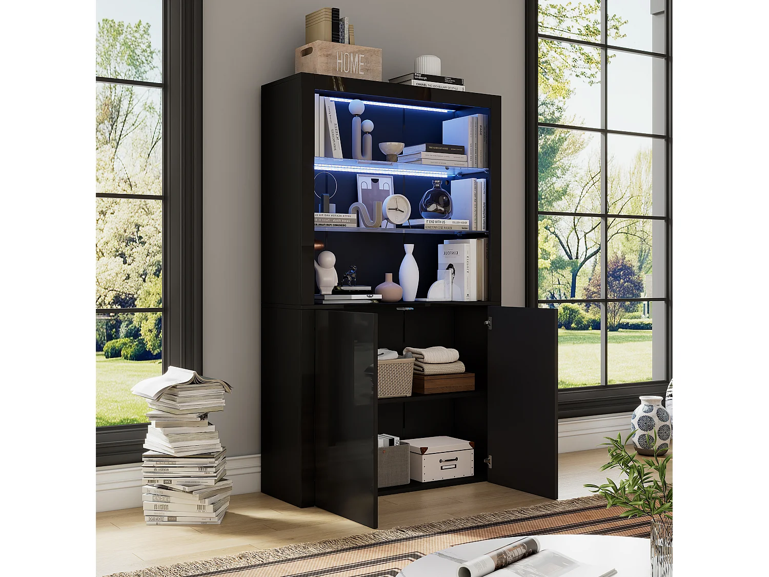 Vitrine brillant avec Leds - 100 x 35 x 170 cm - avec 2 étagères en verre +  2 portes - buffet haut - MDF + verre - noir