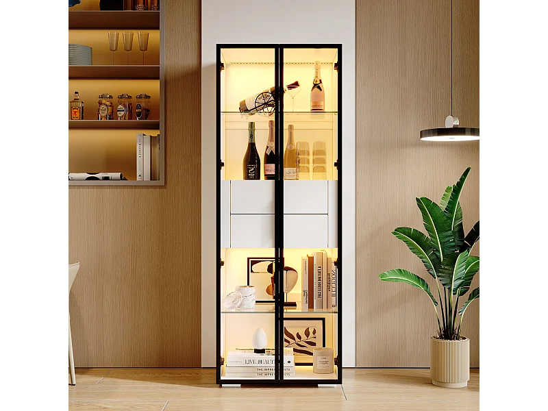 Vitrine avec Leds - 60 x 40 x 160 cm - avec 2 étagères en verre + 2 tiroirs - mdf + verre - noir + blanc