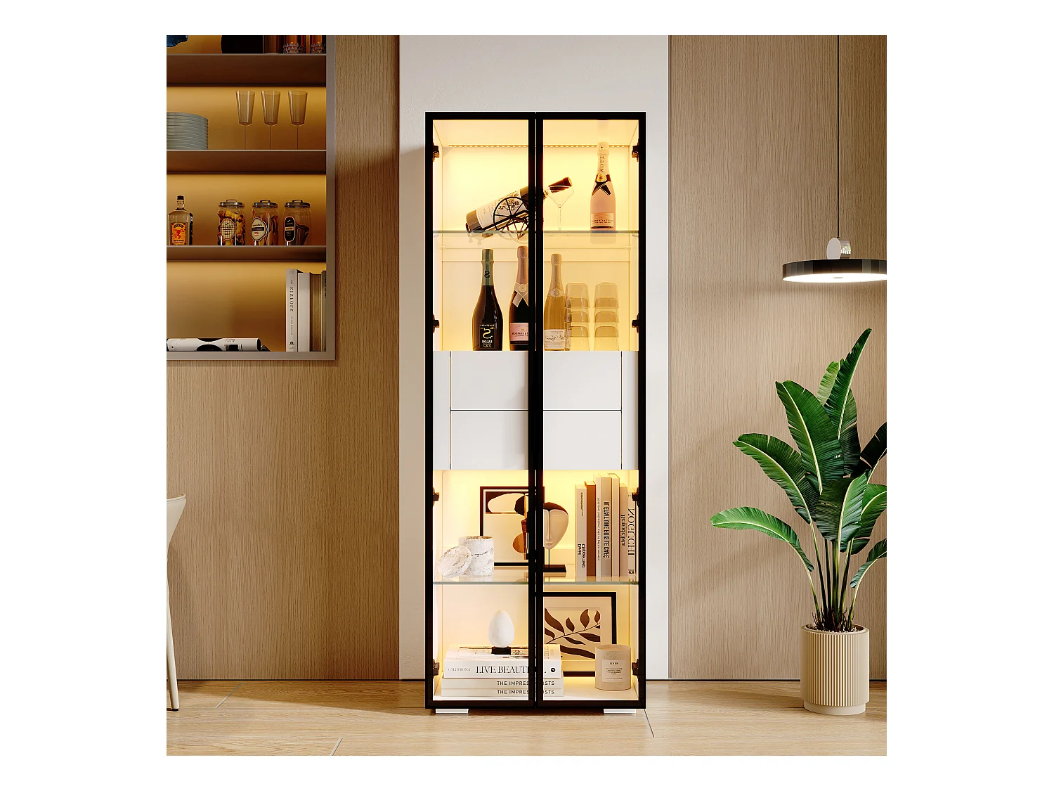 Vitrine avec Leds - 60 x 40 x 160 cm - avec 2 étagères en verre + 2 tiroirs - mdf + verre - noir + blanc