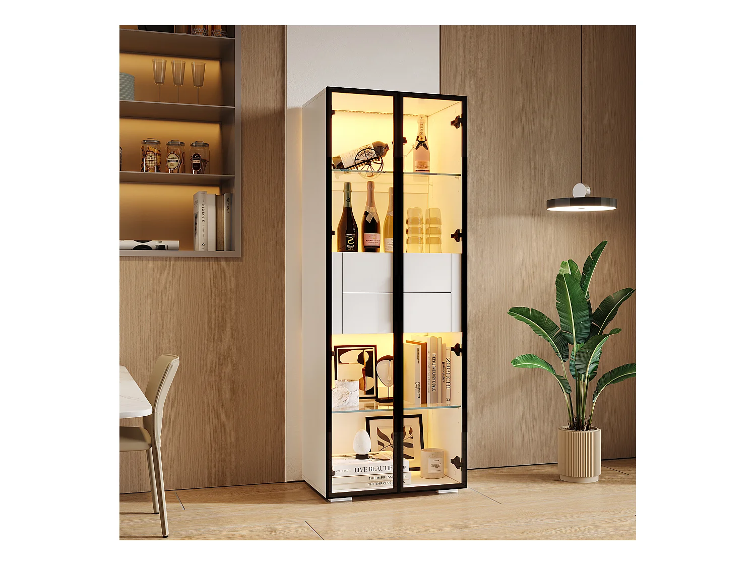 Vitrine avec Leds - 60 x 40 x 160 cm - avec 2 étagères en verre + 2 tiroirs - mdf + verre - noir + blanc