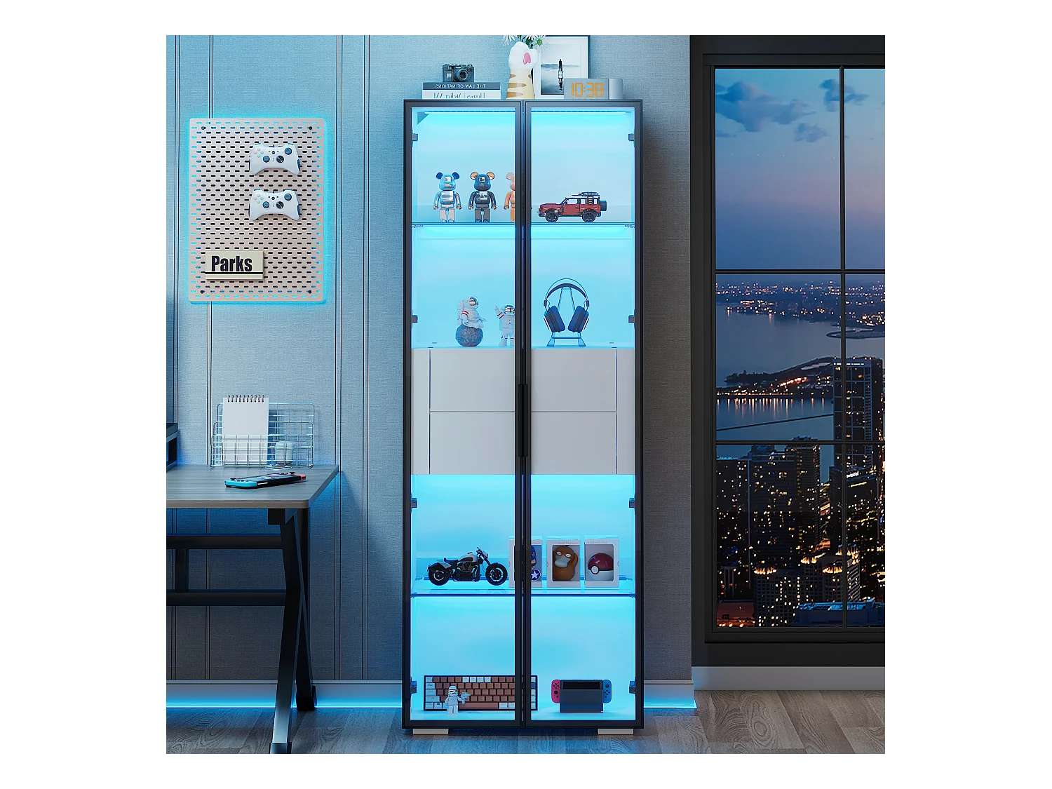 Vitrine avec Leds - 60 x 40 x 160 cm - avec 2 étagères en verre + 2 tiroirs - mdf + verre - noir + blanc