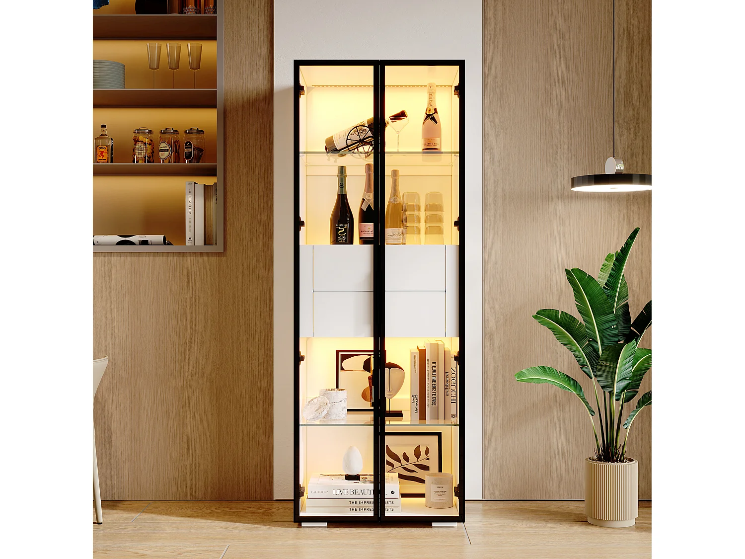 Vitrine avec Leds - 60 x 40 x 160 cm - avec 2 étagères en verre + 2 tiroirs - mdf + verre - noir + blanc