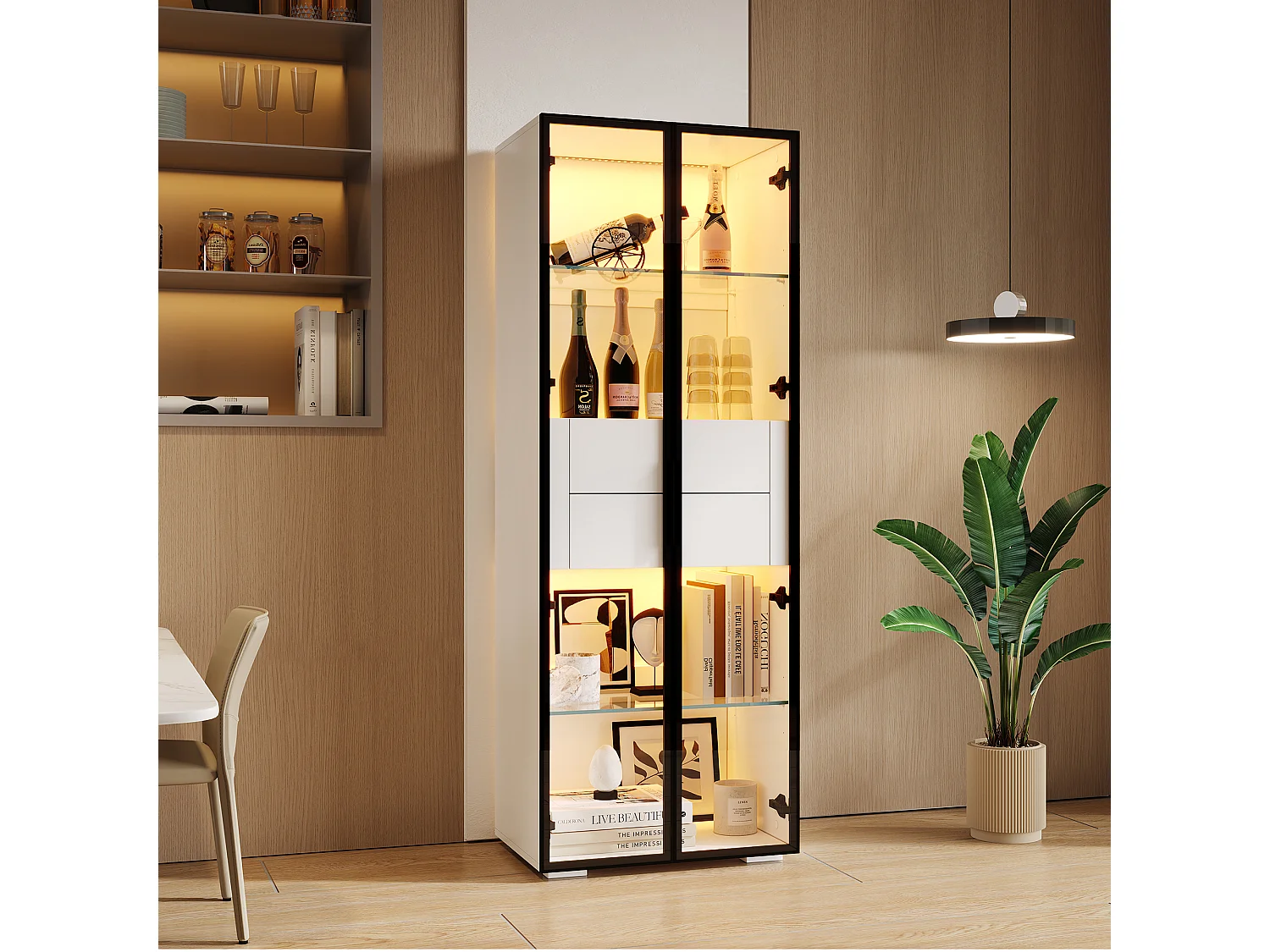 Vitrine avec Leds - 60 x 40 x 160 cm - avec 2 étagères en verre + 2 tiroirs - mdf + verre - noir + blanc