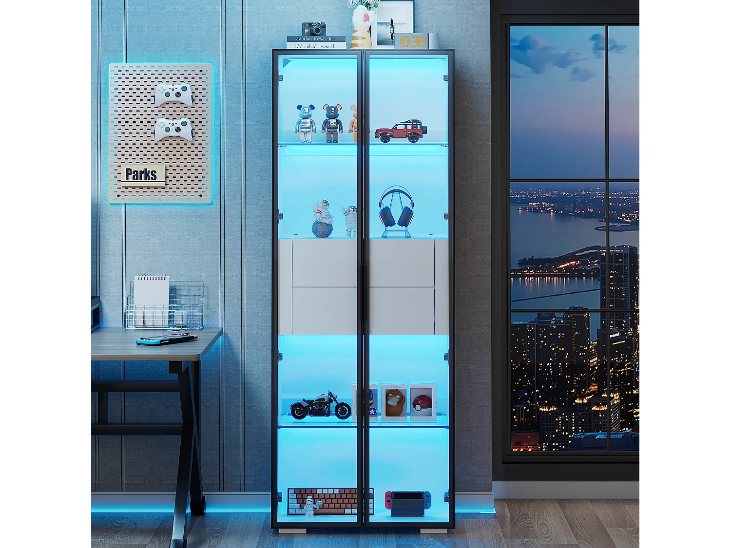 Vitrine avec Leds - 60 x 40 x 160 cm - avec 2 étagères en verre + 2 tiroirs - mdf + verre - noir + blanc