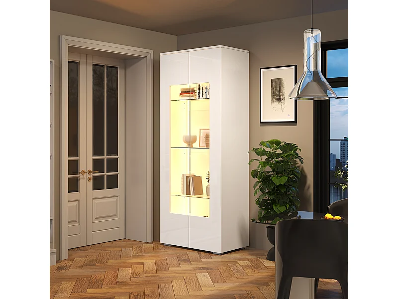 Vitrine de salon - 70 x 40 x 173 cm - avec 2 portes en acrylique + Leds - MDF + verre trempé - blanc