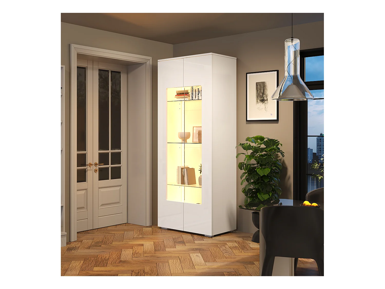 Vitrine de salon - 70 x 40 x 173 cm - avec 2 portes en acrylique + Leds - MDF + verre trempé - blanc