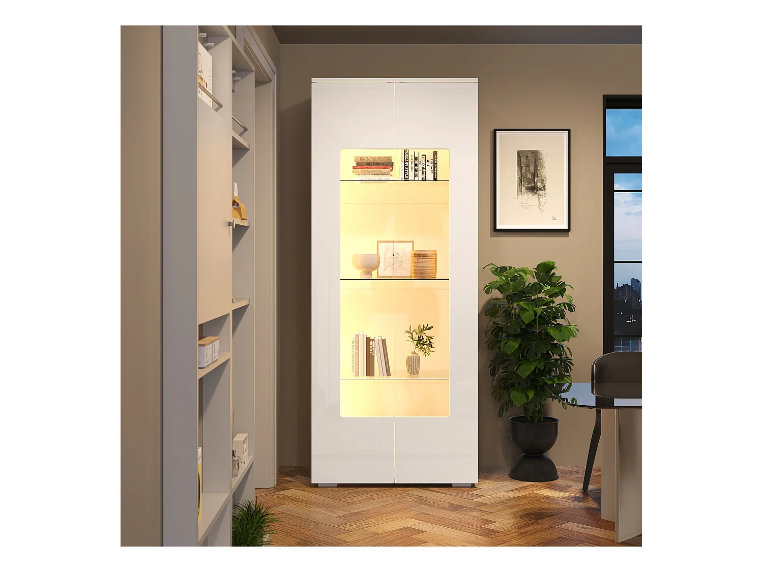 Vitrine de salon - 70 x 40 x 173 cm - avec 2 portes en acrylique + Leds - MDF + verre trempé - blanc