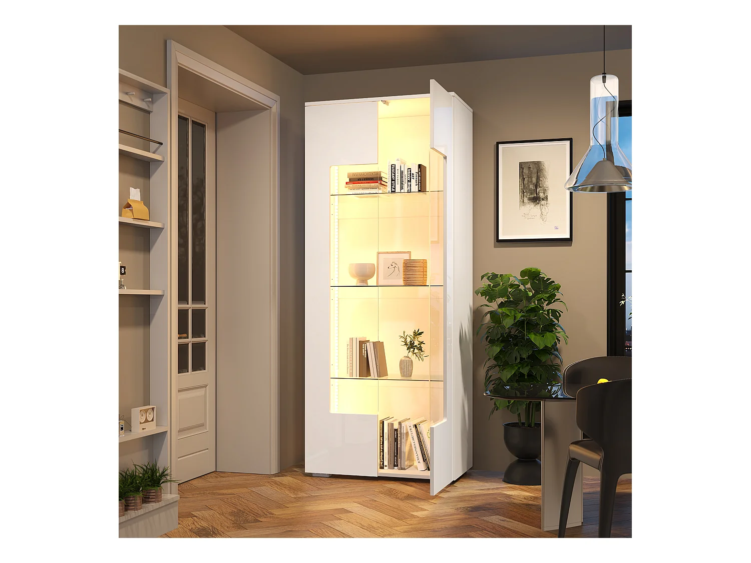 Vitrine de salon - 70 x 40 x 173 cm - avec 2 portes en acrylique + Leds - MDF + verre trempé - blanc