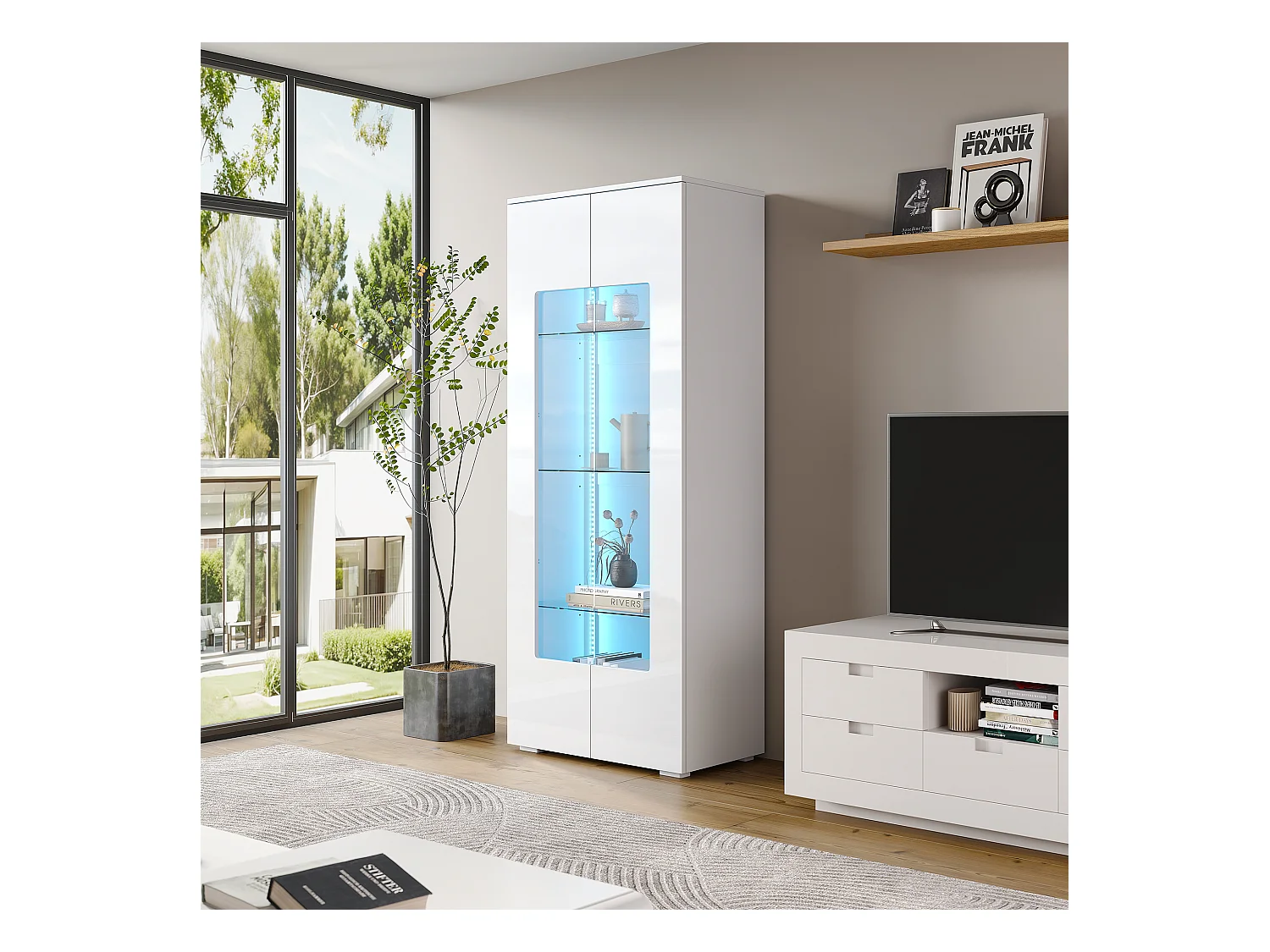 Vitrine de salon - 70 x 40 x 173 cm - avec 2 portes en acrylique + Leds - MDF + verre trempé - blanc