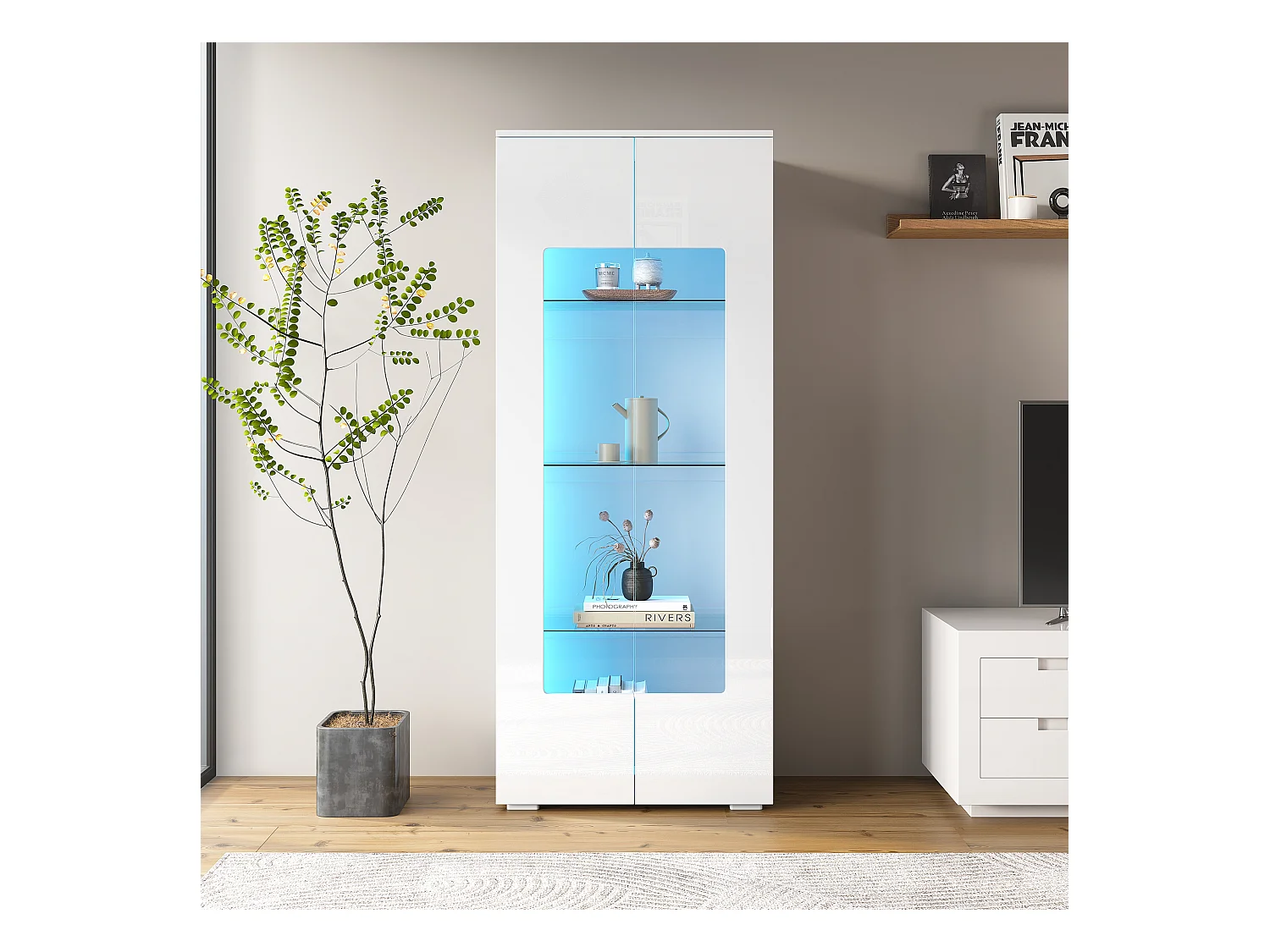 Vitrine de salon - 70 x 40 x 173 cm - avec 2 portes en acrylique + Leds - MDF + verre trempé - blanc
