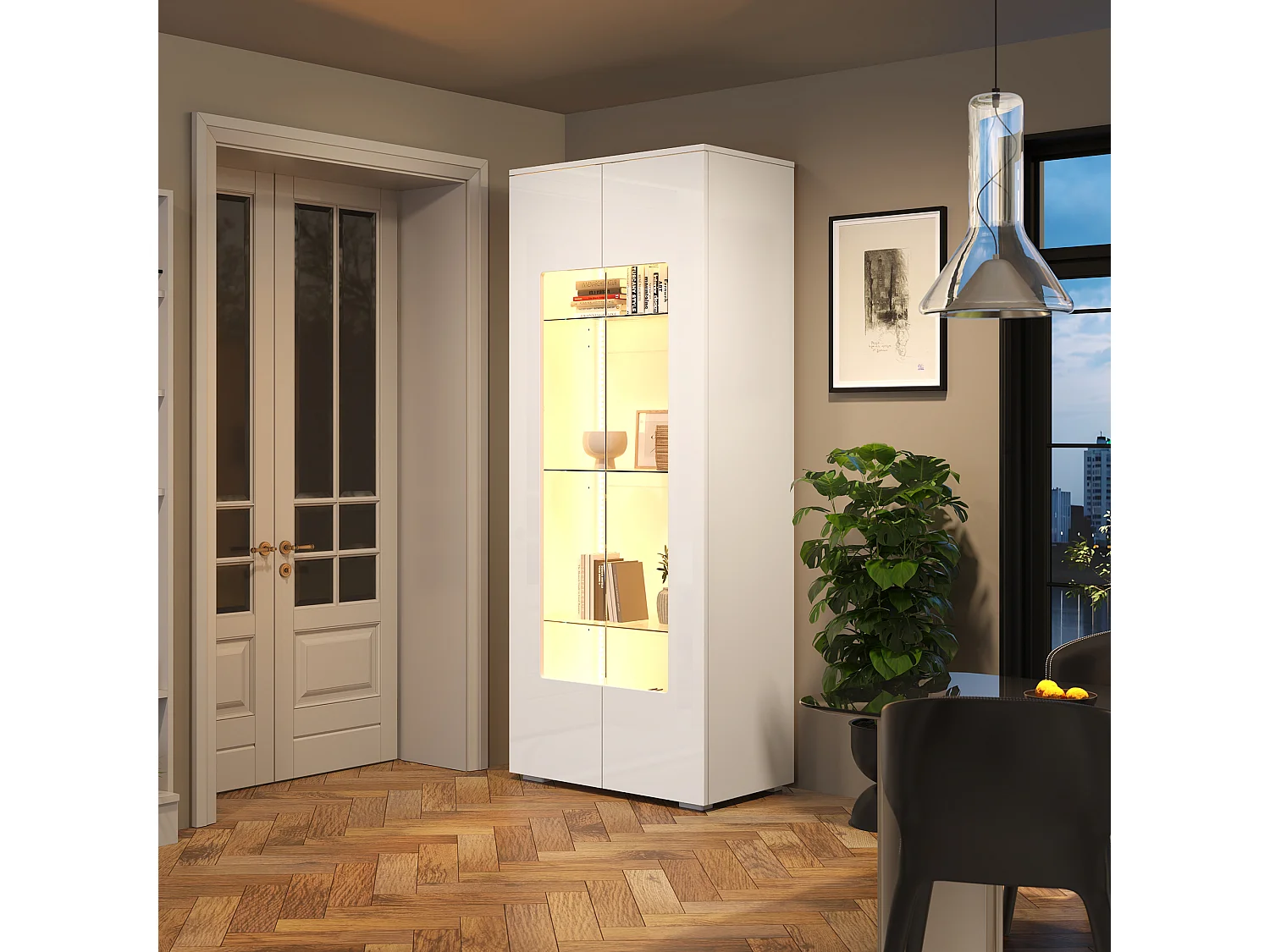 Vitrine de salon - 70 x 40 x 173 cm - avec 2 portes en acrylique + Leds - MDF + verre trempé - blanc