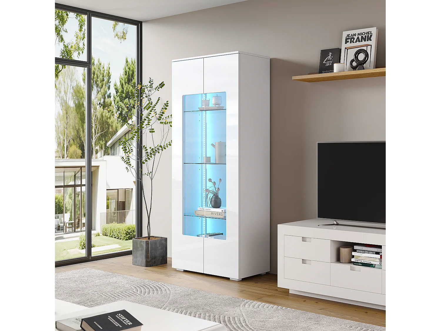 Vitrine de salon - 70 x 40 x 173 cm - avec 2 portes en acrylique + Leds - MDF + verre trempé - blanc