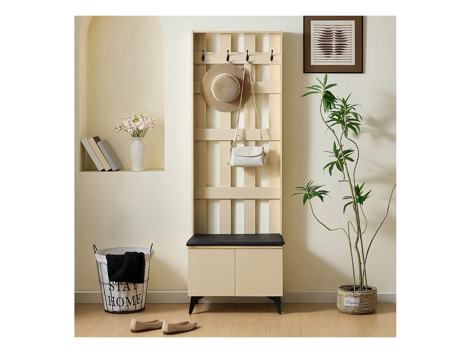 Vestiaire moderne avec banc et patères - 60 x 35 x 179.5 cm - avec 4 crochets + 2 portes - MDF - naturel