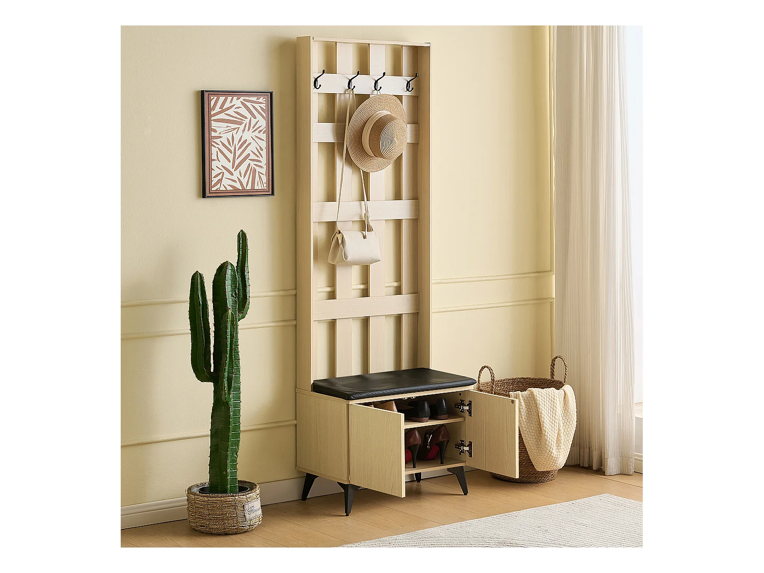 Vestiaire moderne avec banc et patères - 60 x 35 x 179.5 cm - avec 4 crochets + 2 portes - MDF - naturel