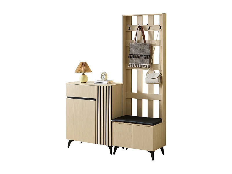 Vestiaire moderne avec banc et buffet/meuble à chaussures - 135 x 35 x 179.5 cm - pour couloir et slaon - MDF - naturel